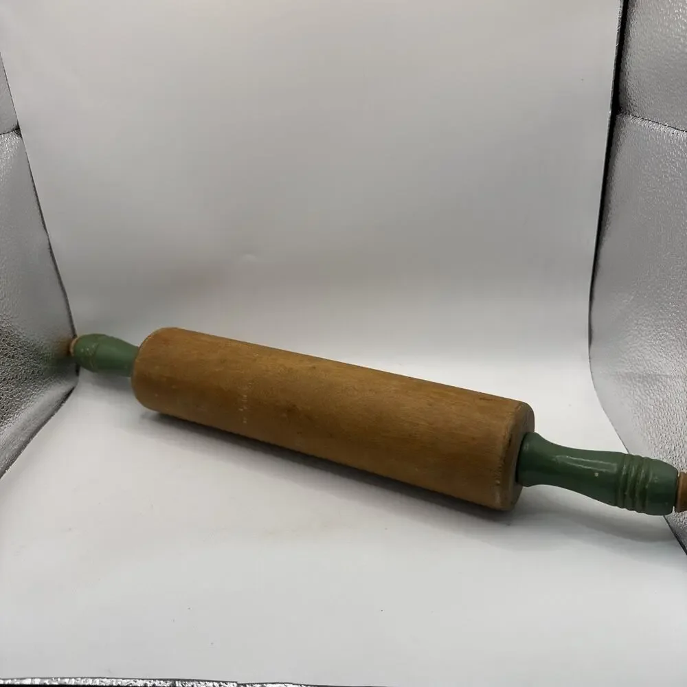 1940’s Vintage Wooden Rolling Pin With Green Handles 17.5”